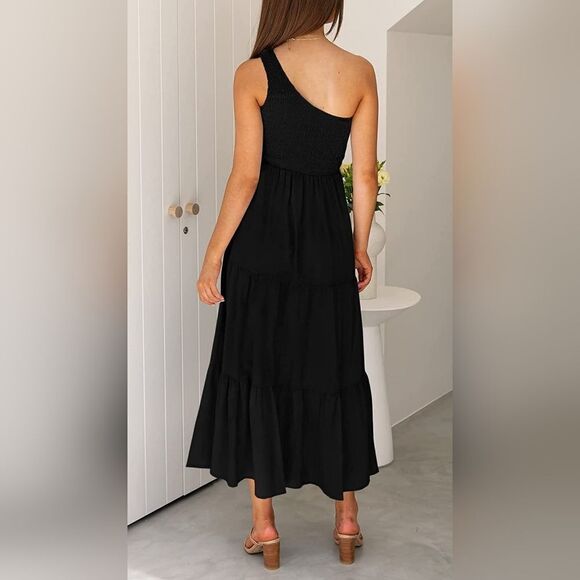 NWT Summer Boho One Shoulder Sleeveless Ruffle Beach Party Tiered Midi Dress - Picture 8 of 9